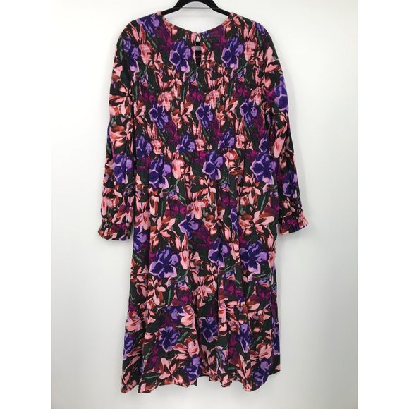 Terra & Sky Tiered Peasant Boho Smocked Midi Dress Purple Floral 2X NEW - Picture 6 of 6